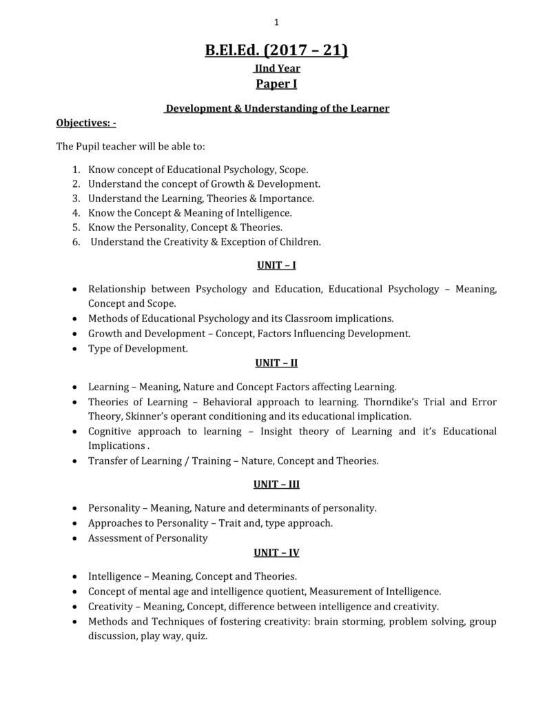 B.El.Ed Second Year Syllabus Development and Understanding of the Learner